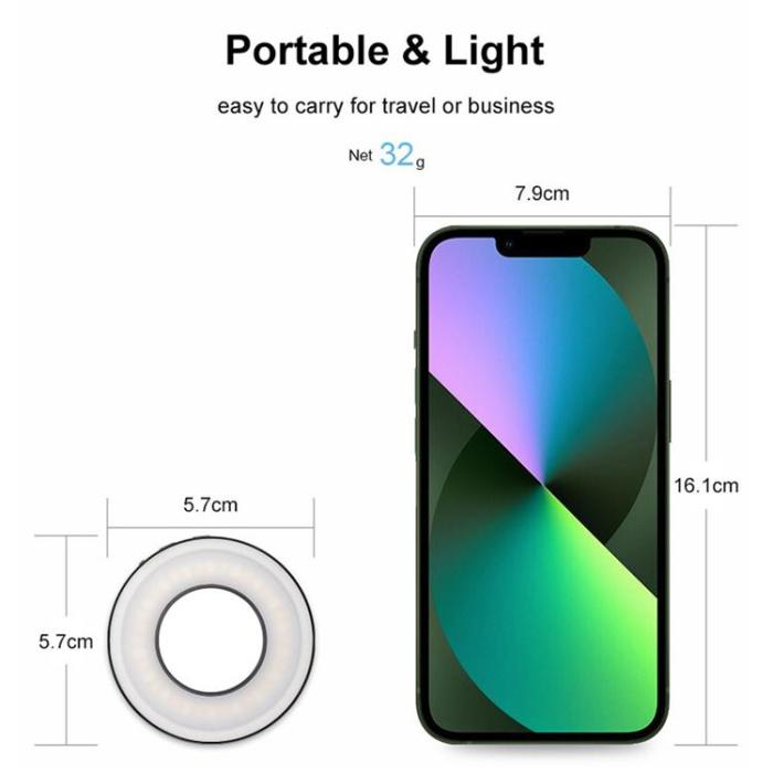 OEM - VLOGLITE Magnetisk Ringlampa för Mobil 300mAh Selfielampa med Spegel W36