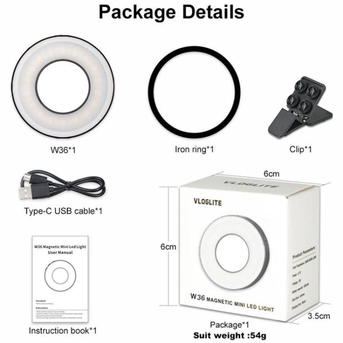 OEM - VLOGLITE Magnetisk Ringlampa för Mobil 300mAh Selfielampa med Spegel W36