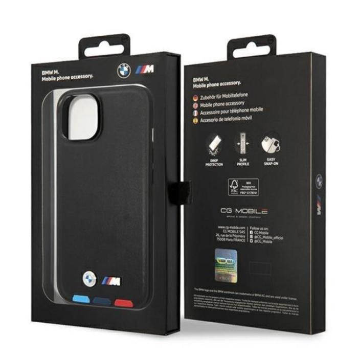 BMW - BMW iPhone 14 Skal Magsafe Läder Stamp Tricolor - Svart