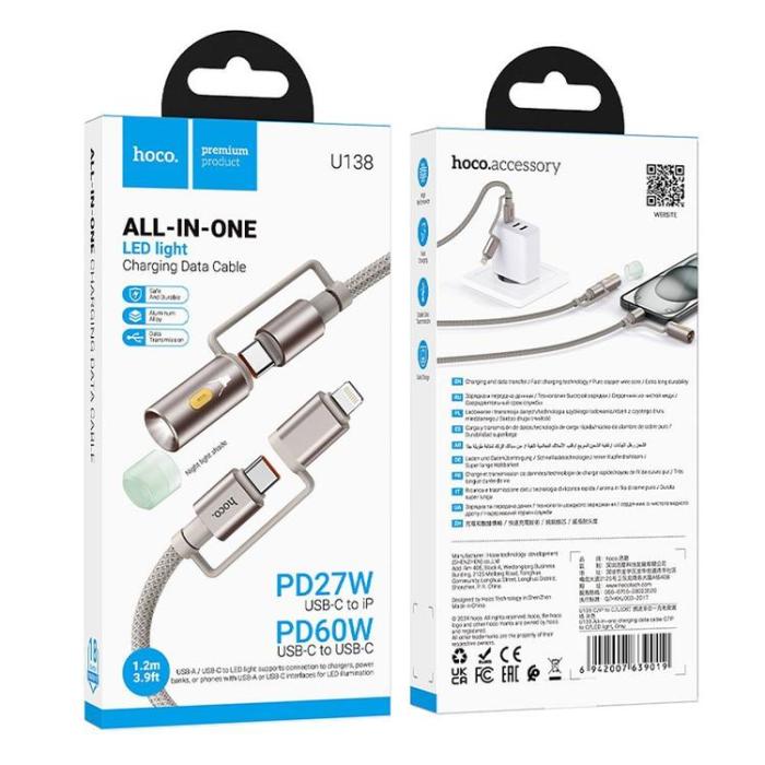 Hoco - Hoco USB-C/Lightning Till USB-C, LED-ljus 60W 3A Kabel 1.2m U138 - Grå