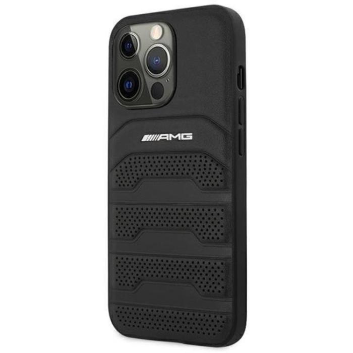 AMG - AMG iPhone 14 Pro Skal Läder Debossed Lines - Svart