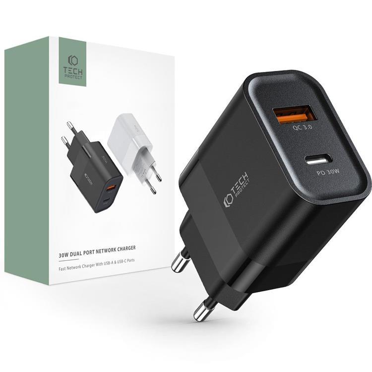 Tech-Protect C30W 2-Port Nätverk Laddare PD30W/QC3.0 - Svart | 505295 | AlltMobil