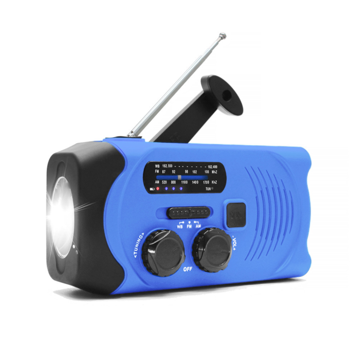 UTGATT5 - Vev-radio med Solceller, Ficklampa och 2000mAh Powerbank - Blå