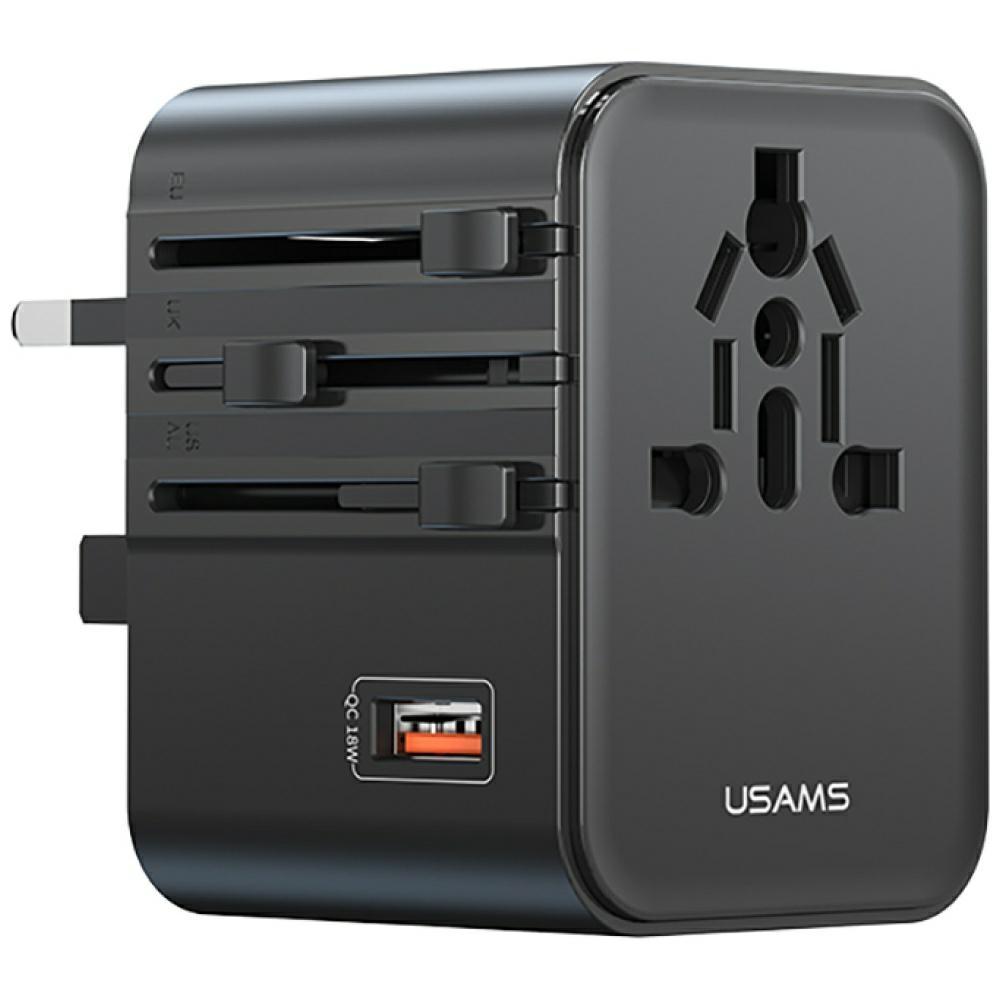 USAMS Reseladdare Adapter CC309 2xUSB-C 25W 4-i-1 US/AU/EU/UK – Svart