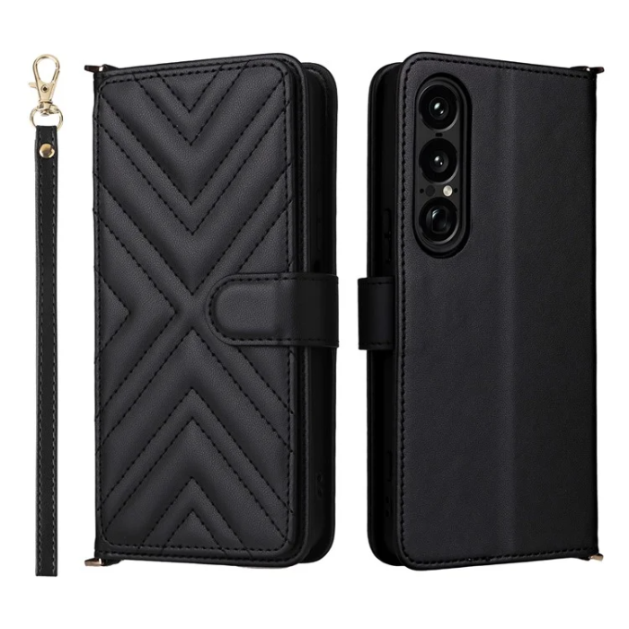 A-One Brand - Sony Xperia 1 VII Plånboksfodral Kickstand med Axelrem - Svart
