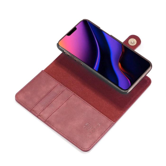DG.MING - DG.MING iPhone 11 Pro Max Äkta Läder Plånboksfodral med Ställ - Vinröd