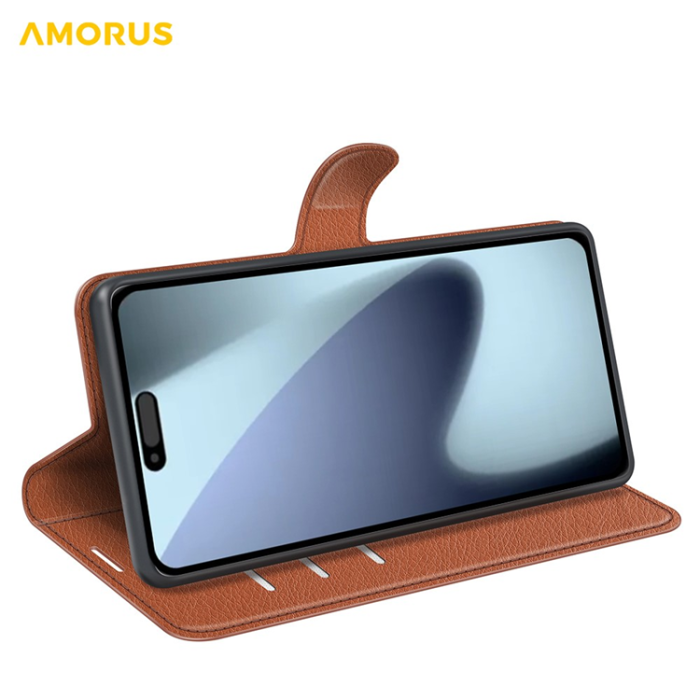 Amorus - AMORUS iPhone 17 Plånboksfodral Flipstativ Litchi - Brun