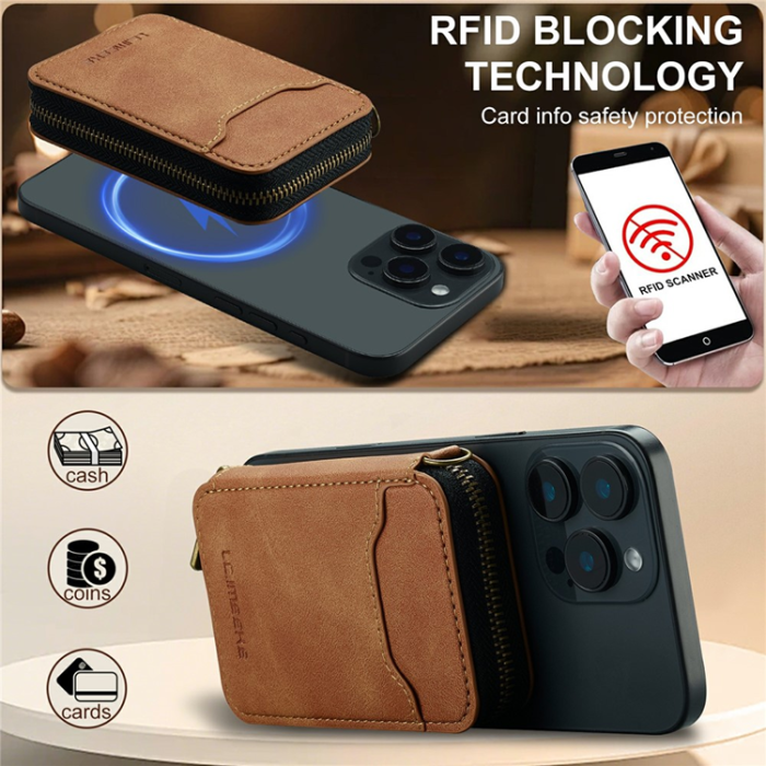 LC.imeeke - LC.IMEEKE Magsafe Korthållare L6 Zipper RFID Blocking - Brun