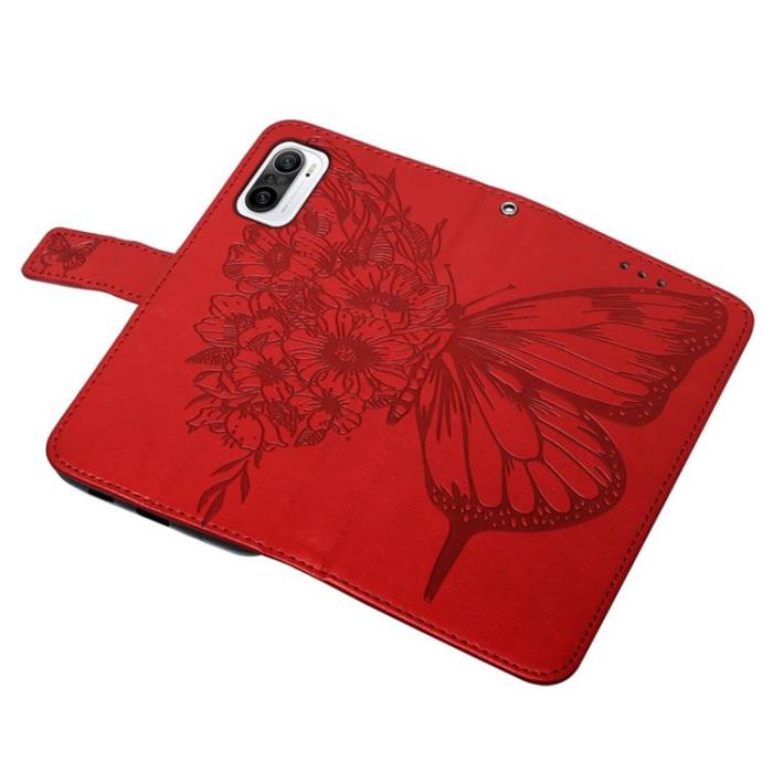 OEM - Butterfly Flower Imprinted Plånboksfodral Xiaomi 12 Pro - Röd