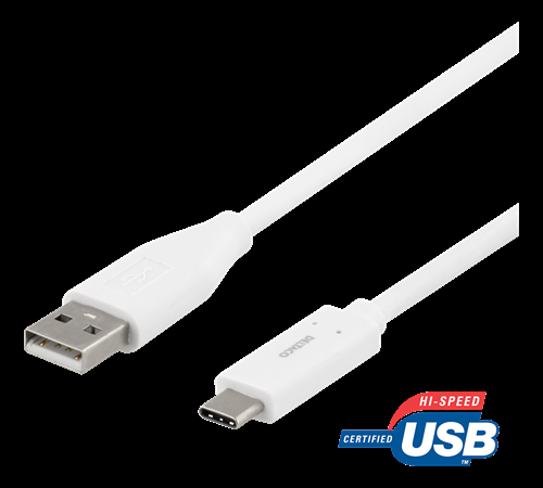 DELTACO USB-C till USB-A kabel, 1m, USB 2.0, vit | 3541 | AlltMobil