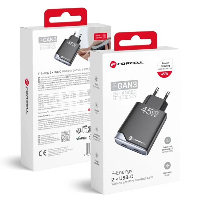 Forcell - Forcell Snabbladdare 2 x USB C 45W GaN III PD 3A - Svart