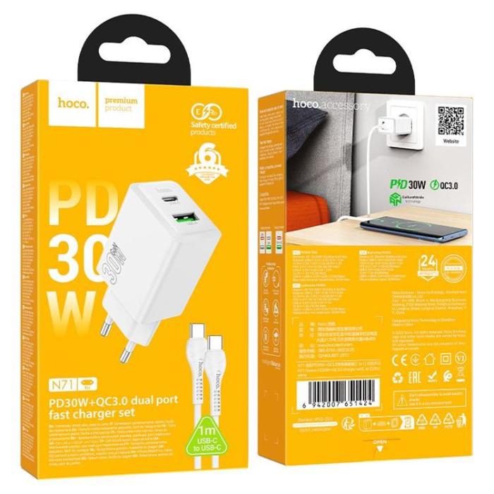 Hoco - Hoco Snabbladdare PD 30W USB-A USB-C QC3.0 AFC 3A med USB-C Kabel N71 - Vit