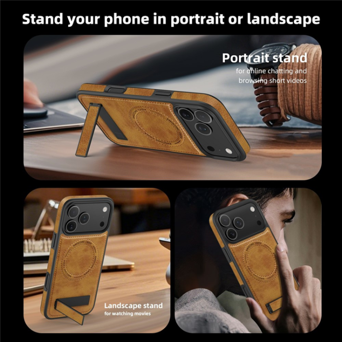 A-One Brand - iPhone 17 Pro Max Mobilskal MagSafe Kickstand Läder - Brun