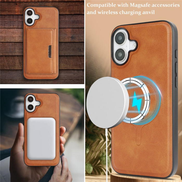 A-One Brand - iPhone 17 Mobilskal MagSafe Kickstand Tri-fold Korthållare - Brun
