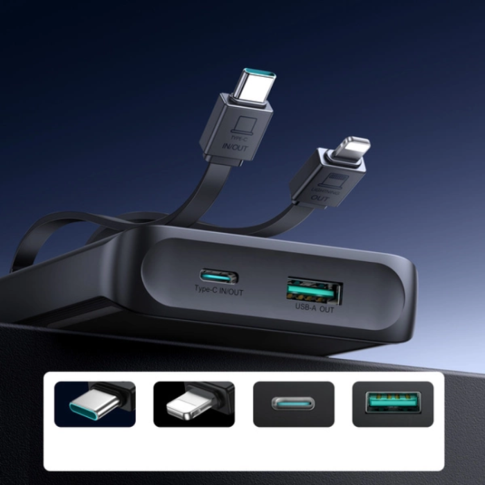 Joyroom - Joyroom Powerbank 10000mAh 22.5W med Två Inbyggda kablar - Svart