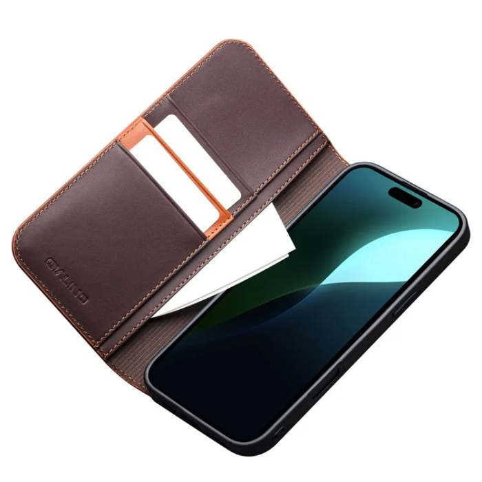 QIALINO - Qialino iPhone 16 Plus Plånboksfodral Äkta läder - Brun