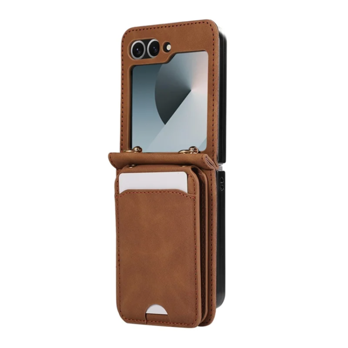 A-One Brand - Galaxy Z Flip7 Plånboksfodral Kickstand med Axelrem - Brun