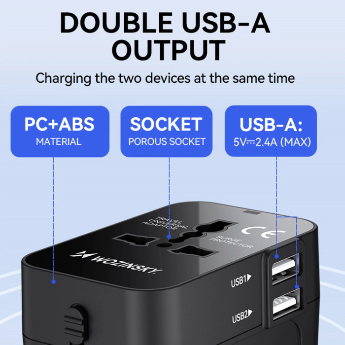 Wozinsky - Wozinsky Universal Reseadapter 24W 2xUSB-A EU/US/AUS/UK- Svart