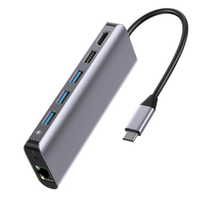 SiGN - SiGN 7-i-1 USB-C-hub HDMI RJ45 USB-C, max 100W - Grå