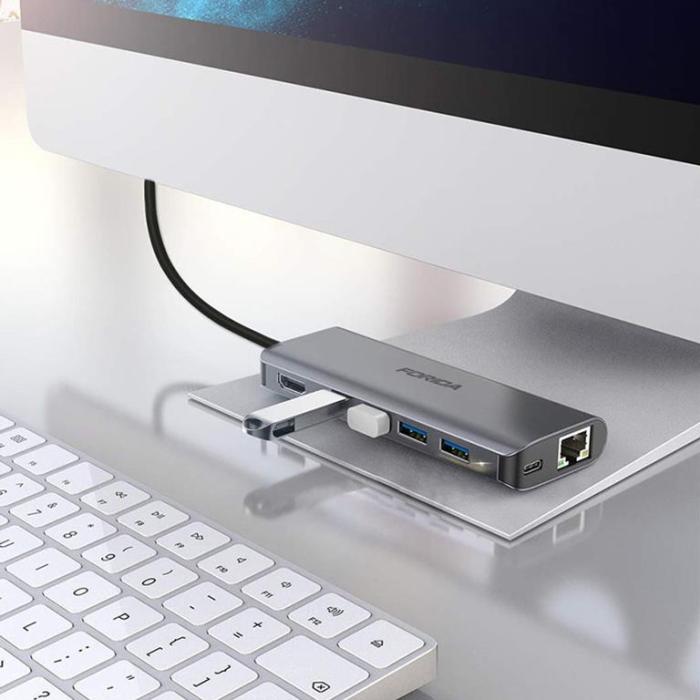 SiGN - SiGN 7-i-1 USB-C-hub HDMI RJ45 USB-C, max 100W - Grå
