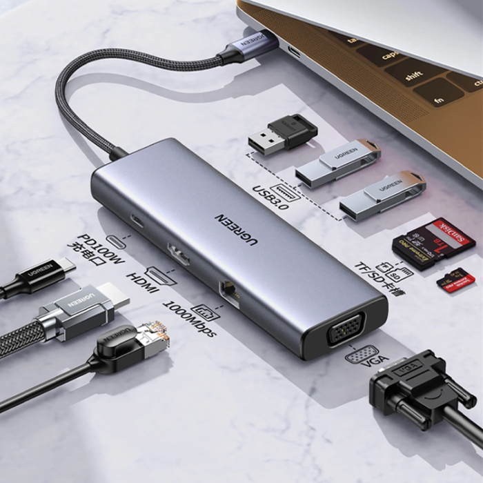Ugreen - Ugreen HUB Adapter VGA, HDMI, RJ45, USB-C, SD/TF Kortläsare, USB-A