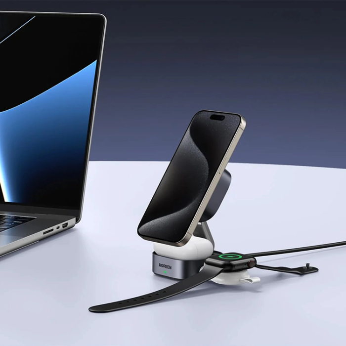 Ugreen - Ugreen 3-in-1 Trådlös Laddare Magsafe iPhone, Apple Watch, AirPods Qi2 - Svart