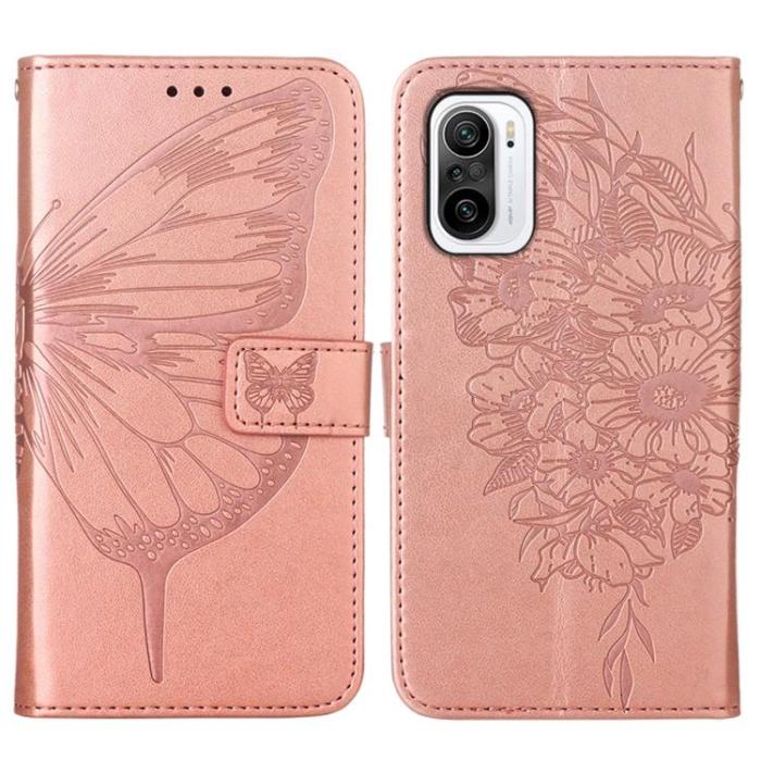 OEM - Butterfly Flower Imprinted Plånboksfodral Xiaomi 12 Pro - Rosa Guld