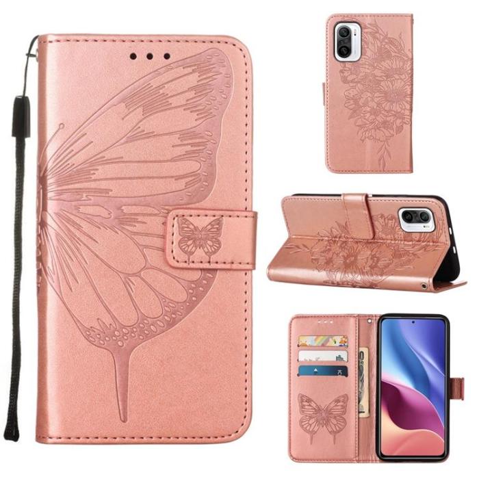 OEM - Butterfly Flower Imprinted Plånboksfodral Xiaomi 12 Pro - Rosa Guld