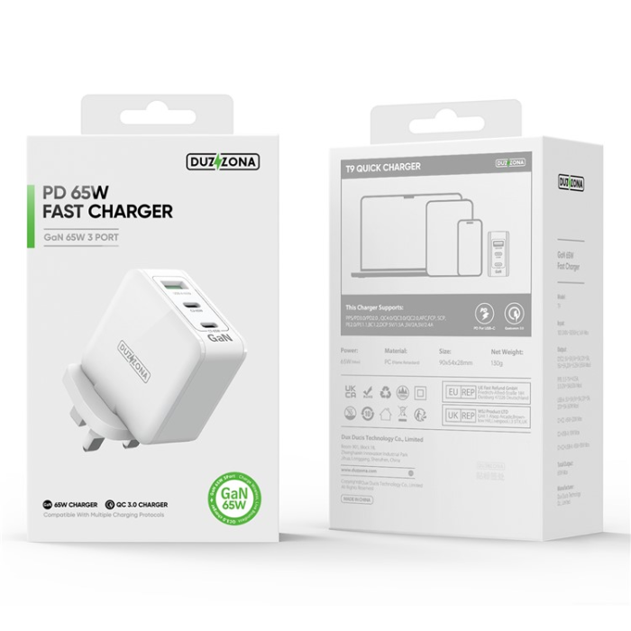 DUZZONA - DUZZONA GaN Snabbladdare 65W 2x USB-C/USB-A UK T9 PD - Vit