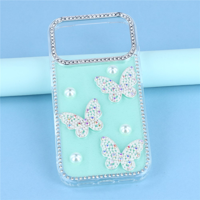 A-One Brand - iPhone 17 Pro Max Mobilskal Rhinestone Edge Pearl Butterfly