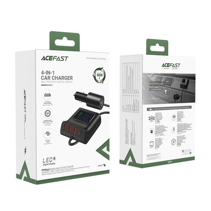 Acefast - Acefast Billaddare 90W 3x USB Till USB-C Cigarettändare - Svart