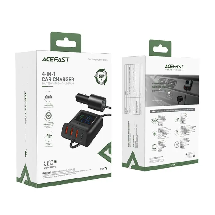 Acefast - Acefast Billaddare 90W 3x USB Till USB-C Cigarettändare - Svart