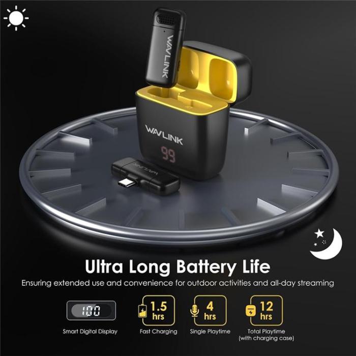 WAVLINK - WAVLINK Trådlös Lavaliermikrofon för iPhone 16-12 WS-WAJ606C1 - Svart