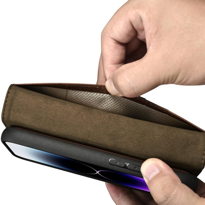 ICARER - iCarer iPhone 14 Pro Max Plånboksfodral Äkta Läder 2in1 Anti-RFID - Brun