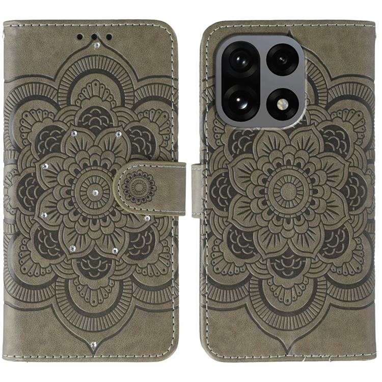 OnePlus 15 5G Konstläder Plånboksfodral Mandala Imprint Rhinestone - Grå (Grå) | 2353 | AlltMobil