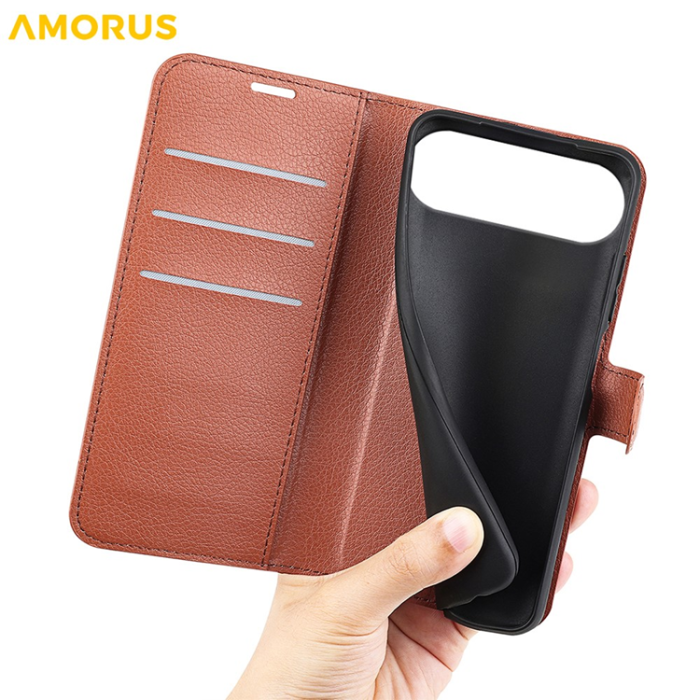 Amorus - AMORUS iPhone Air Plånboksfodral Flipstativ Litchi - Brun