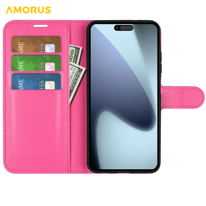 Amorus - AMORUS iPhone 17 Plånboksfodral Flipstativ Litchi - Rose