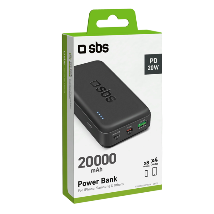 SBS - SBS PowerBank (USB-C/USB-A/Micro-USB ) 20000 mAh 20W - Svart