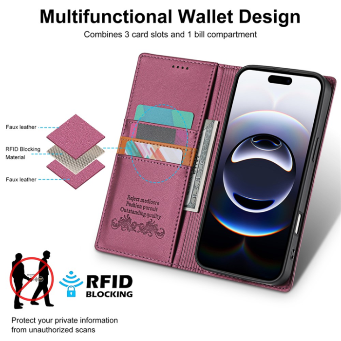 N.BEKUS - N.BEKUS iPhone 17 Plånboksfodral RFID Blocking P3 - Vinröd