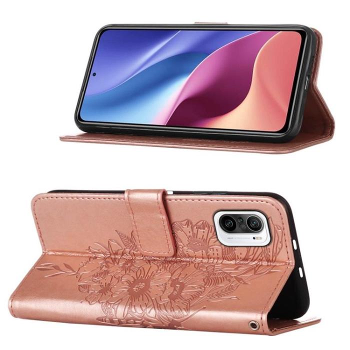 OEM - Butterfly Flower Imprinted Plånboksfodral Xiaomi 12 Pro - Rosa Guld