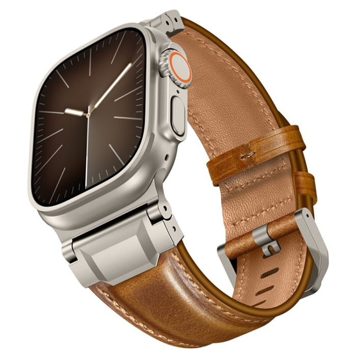 A-One Brand - Apple Watch (42/44/45/46/49mm) Armband Cowhide Läder - Brun/Titanium