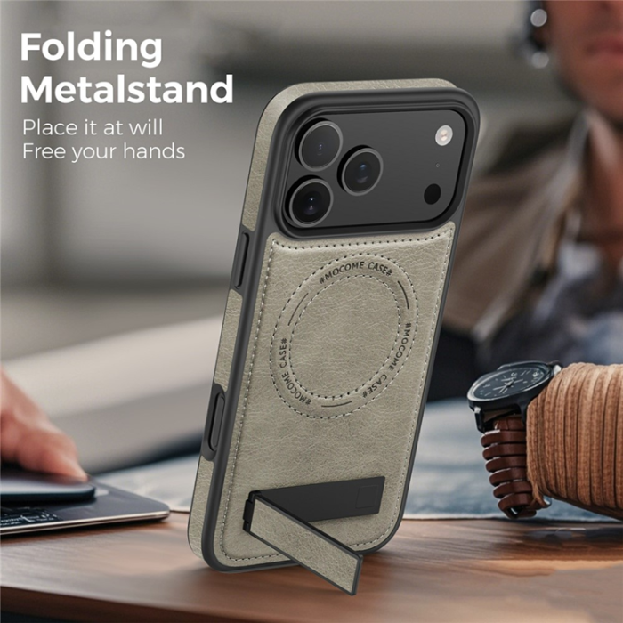 A-One Brand - iPhone 17 Pro Max Mobilskal MagSafe Kickstand Läder - Titan Grå