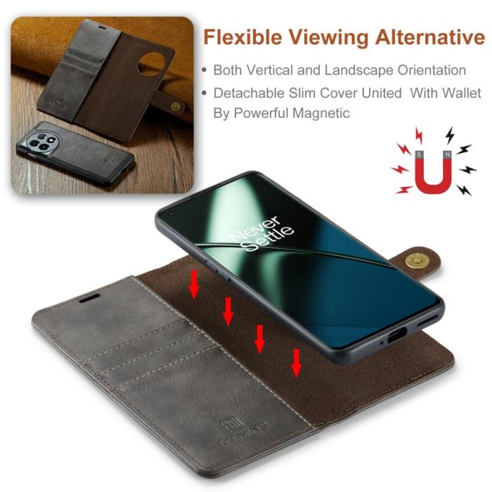 DG.MING - DG.MING OnePlus 11 5G Äkta Läder Plånboksfodral Detachable Magnetisk Grå