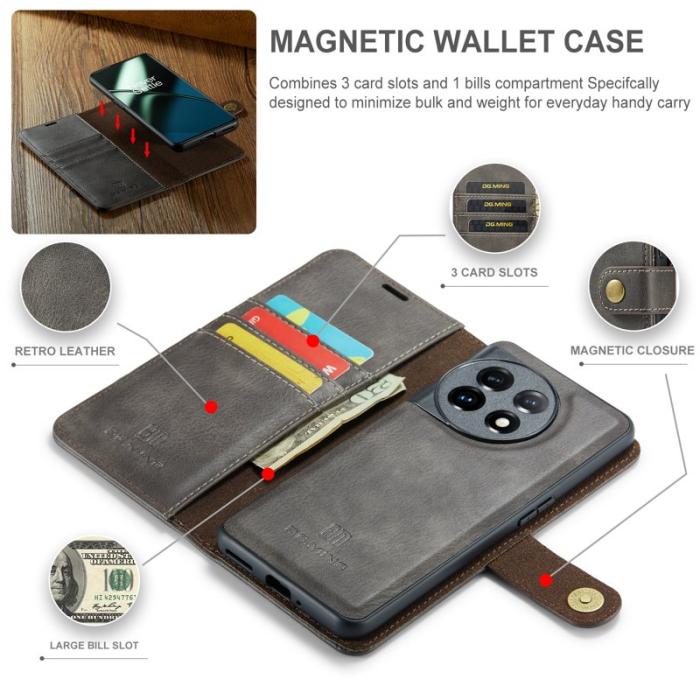 DG.MING - DG.MING OnePlus 11 5G Äkta Läder Plånboksfodral Detachable Magnetisk Grå