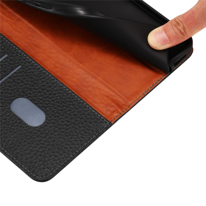 A-One Brand - iPhone 17 Pro Plånboksfodral Äkta Läder Litchi Flip - Svart