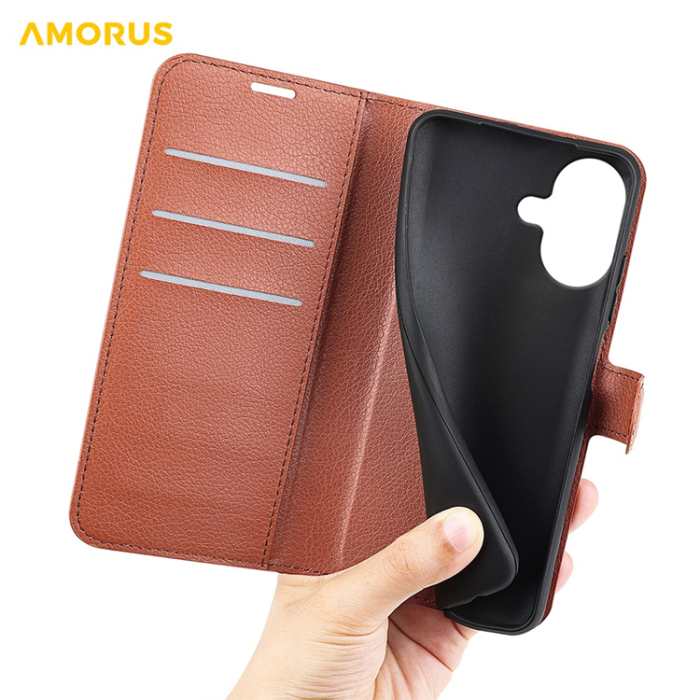 Amorus - AMORUS iPhone 17 Plånboksfodral Flipstativ Litchi - Brun