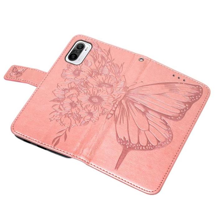 OEM - Butterfly Flower Imprinted Plånboksfodral Xiaomi 12 Pro - Rosa Guld
