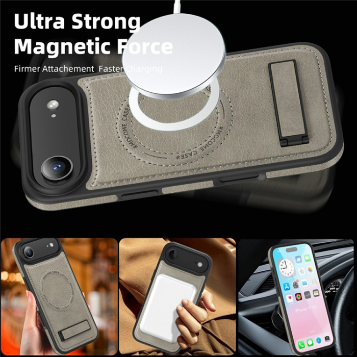 A-One Brand - iPhone Air Mobilskal MagSafe Kickstand Läder - Titanium Grå