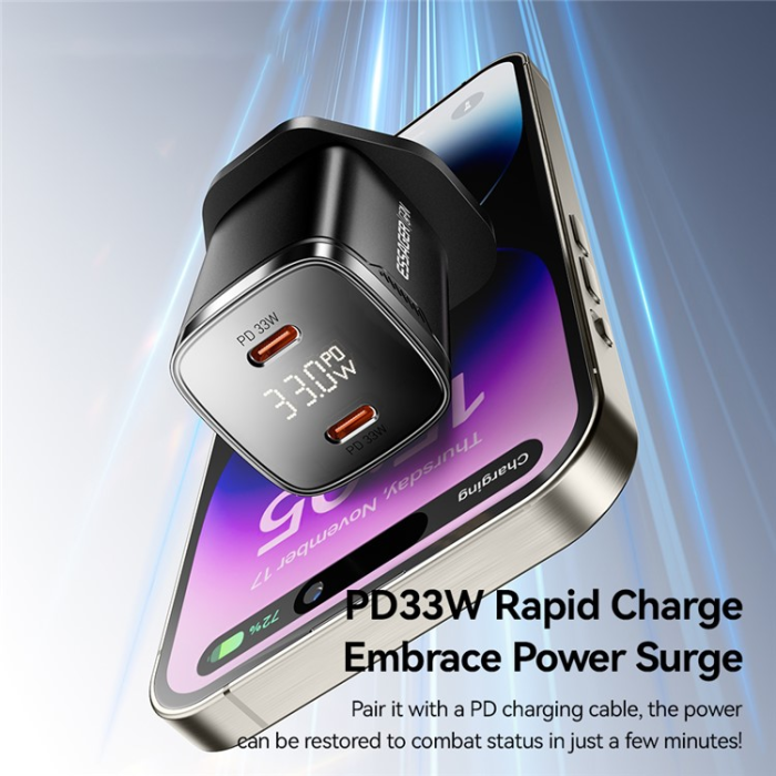 ESSAGER - ESSAGER GaN Snabbladdare 33W 2x USB-C PD med LED UK - Vit
