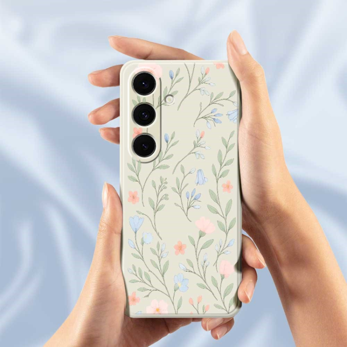 A-One Brand - Galaxy S25 Plus Mobilskal Pink Blue Flowers Straight Edge - Grön
